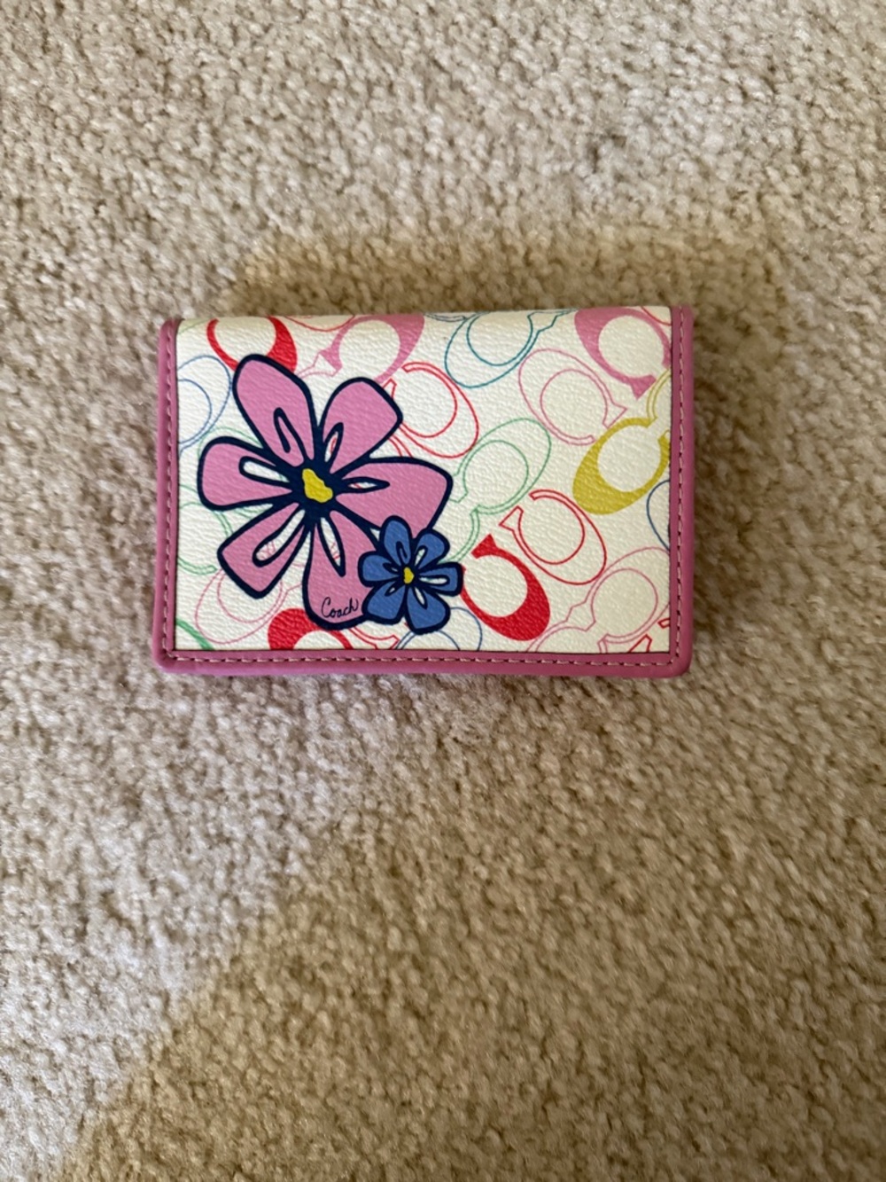 Coach Multicolor Signature Floral Compact Wallet with Pink Trim
